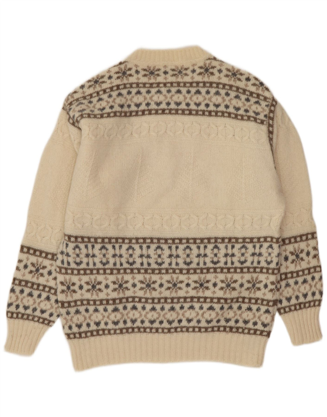 Benetton Pull à col rond pour homme en laine Fair Isle blanc cassé