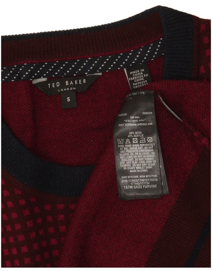 Ted Baker Pull col rond pour homme Taille 5 XL Laine à carreaux bordeaux