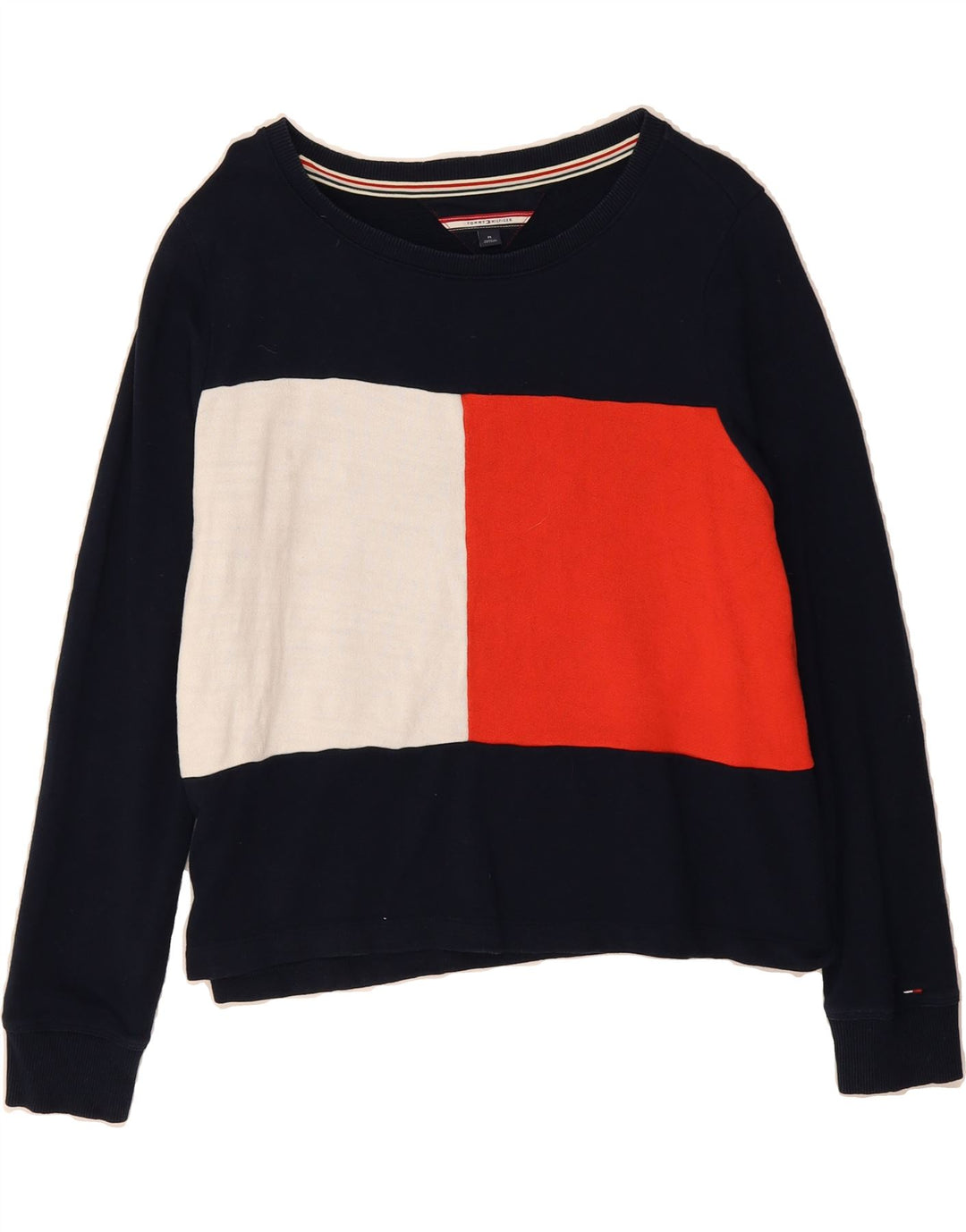 TOMMY HILFIGER Womens Sweatshirt Jumper UK 14 Medium Navy Blue Colourblock Vintage Tommy Hilfiger and Second-Hand Tommy Hilfiger from Messina Hembry 