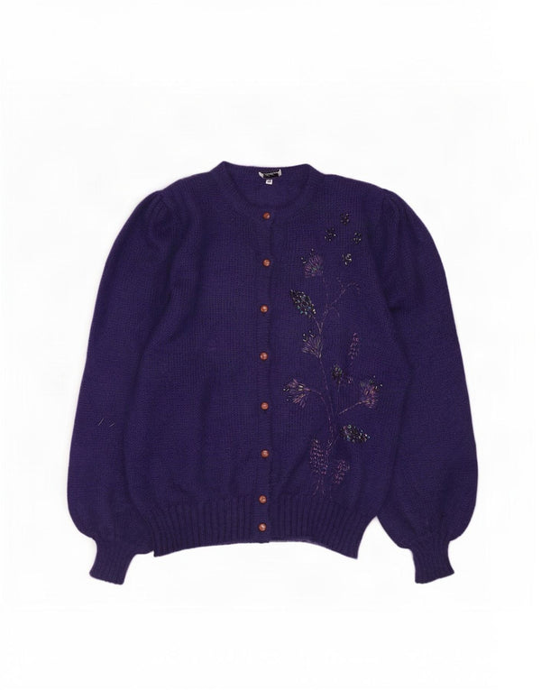 vintage Femme Cardigan Pull IT 48 XL Bleu Marine Floral Mohair