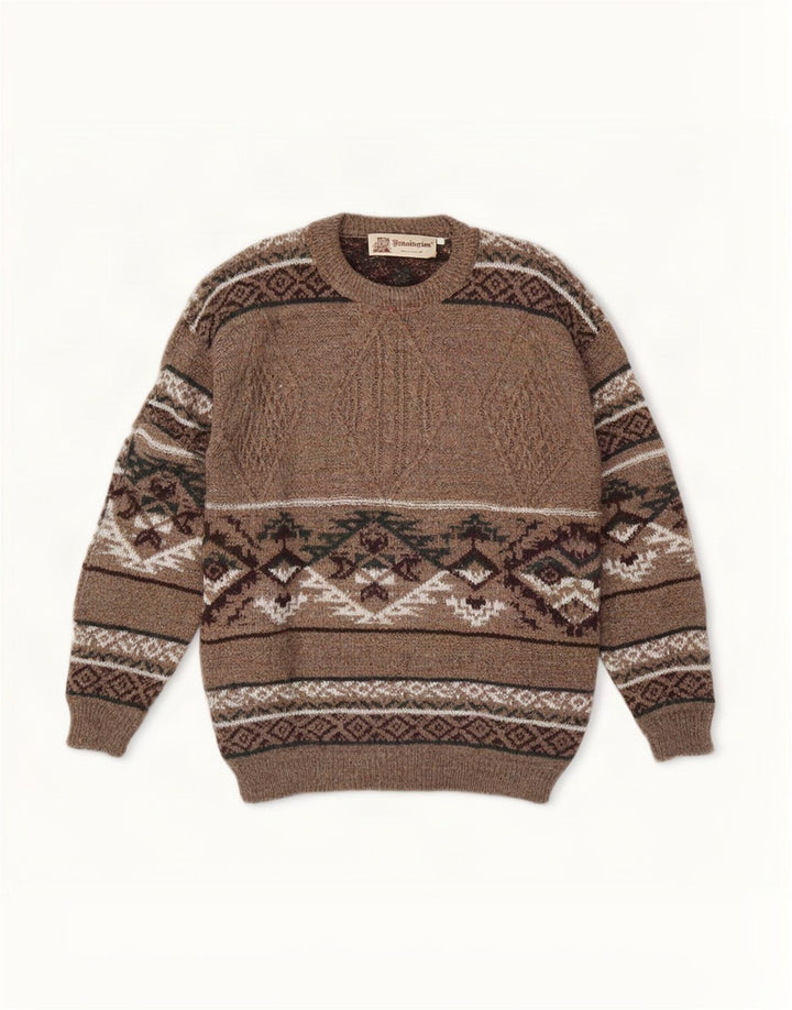 Kennington Pull à col rond pour homme en laine Fair Isle marron