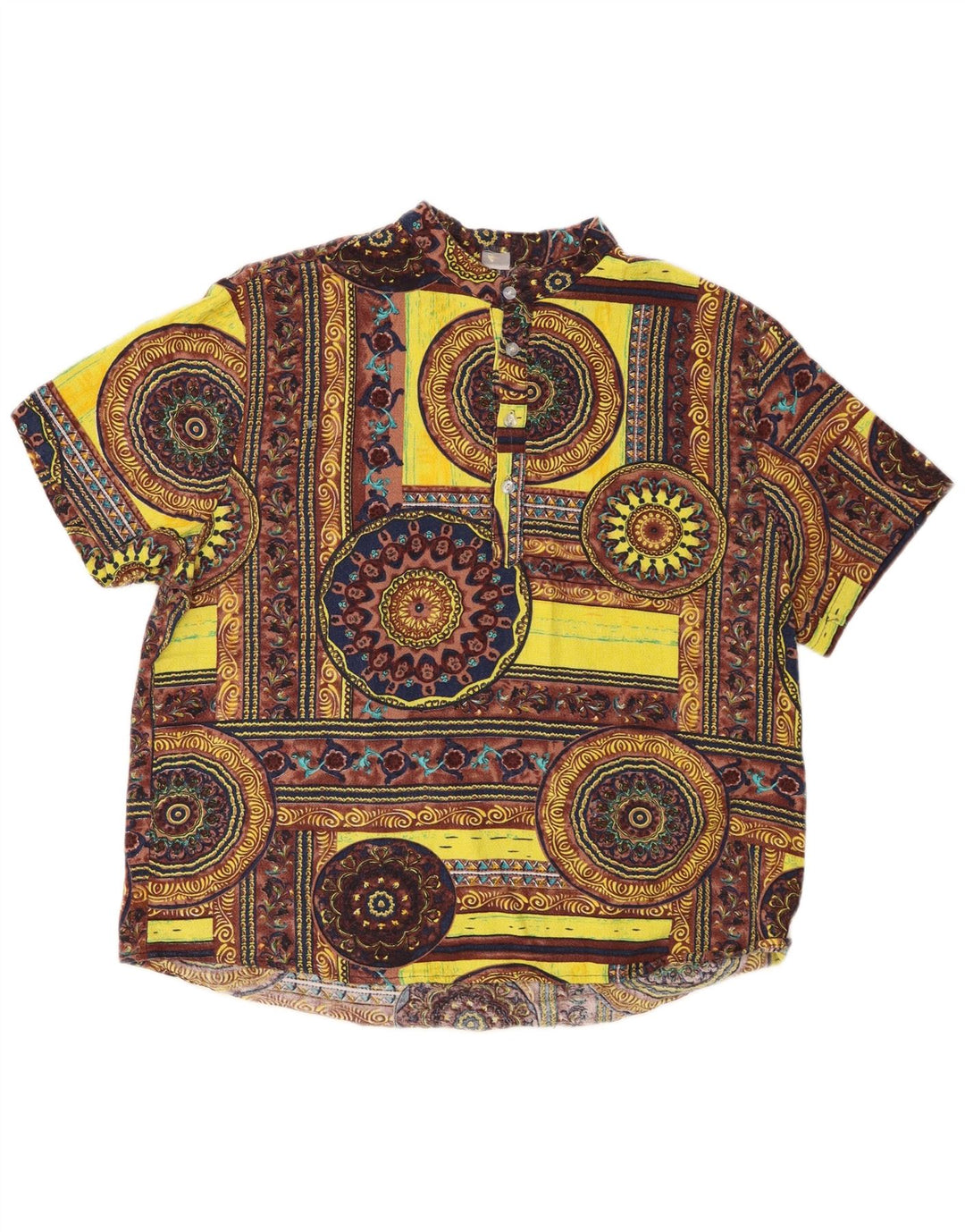 vintage Mens Manches Courtes Pull Chemise Moyen Jaune Géométrique Coton