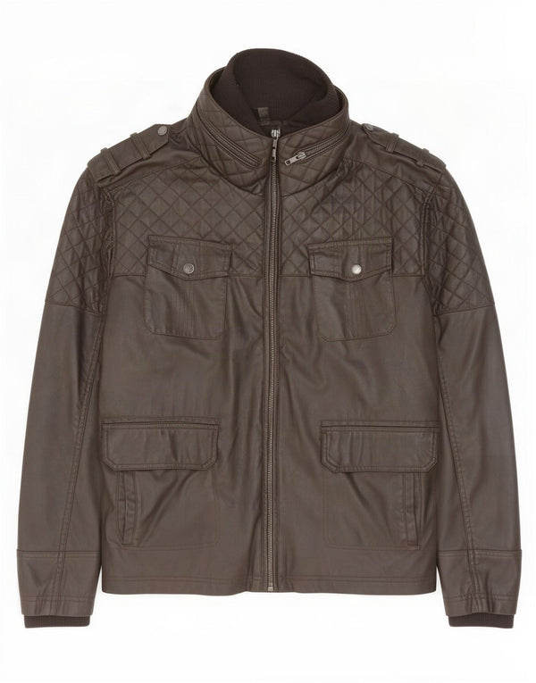 Jeff Banks Veste militaire en simili cuir pour homme UK 44 2XL Marron Polyuréthane