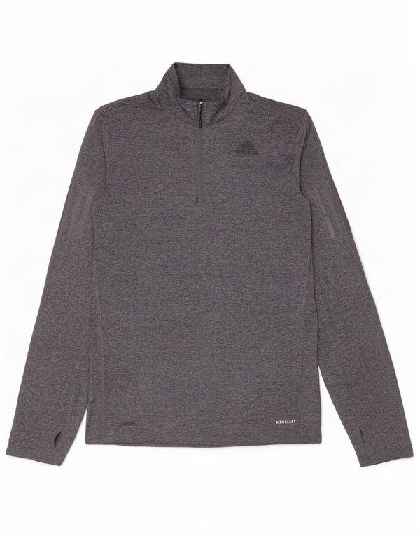 Adidas Hommes Aeroready Zip Neck Top Manches Longues Petit Gris Moucheté Polyester