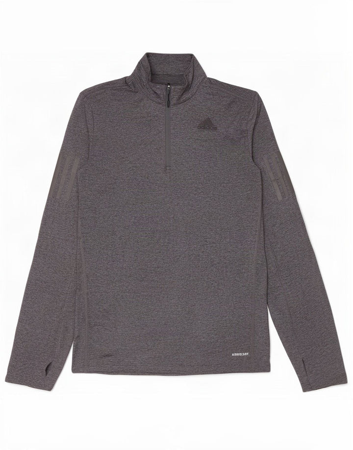 Adidas Hommes Aeroready Zip Neck Top Manches Longues Petit Gris Moucheté Polyester