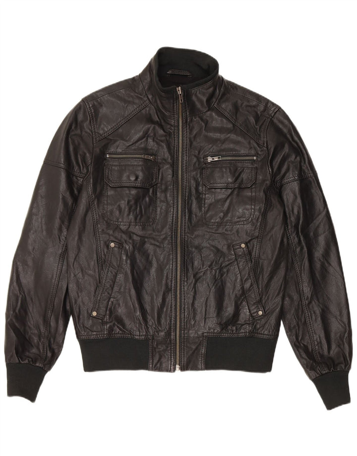 Jack & Jones Veste Bomber en Cuir Homme UK 36 Petit Cuir Noir