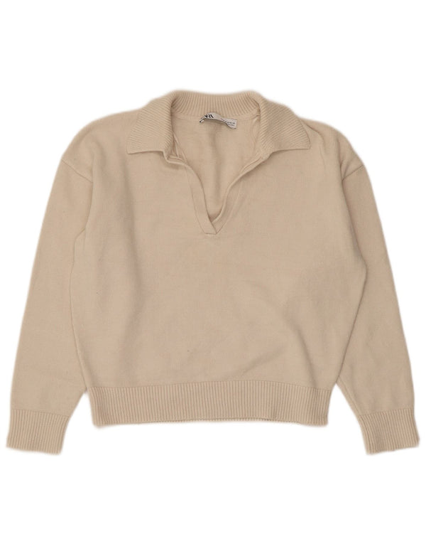 Zara Pull court à col polo pour femme Beige moyen UK 14