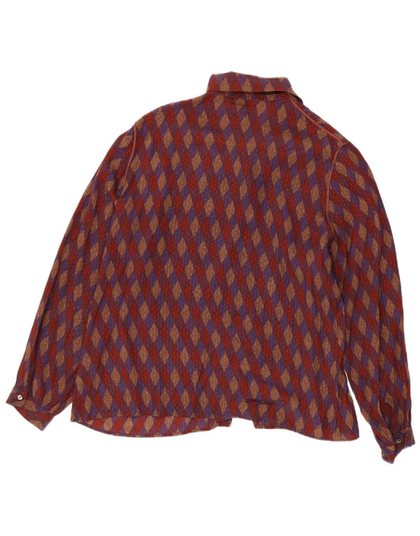 vintage Femme Front Tie Shirt Blouse UK 16 Grande Soie Géométrique Rouge