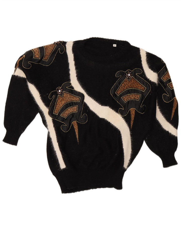 VINTAGE Femme Crew Neck Jumper Pull EU 38 Medium Black Colourblock