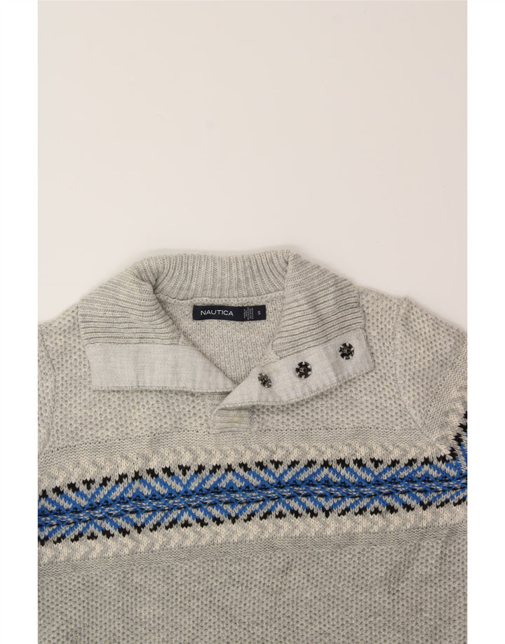 NAUTICA Mens Button Neck Jumper Sweater Small Grey Fair Isle Acrylic Vintage Nautica and Second-Hand Nautica from Messina Hembry 