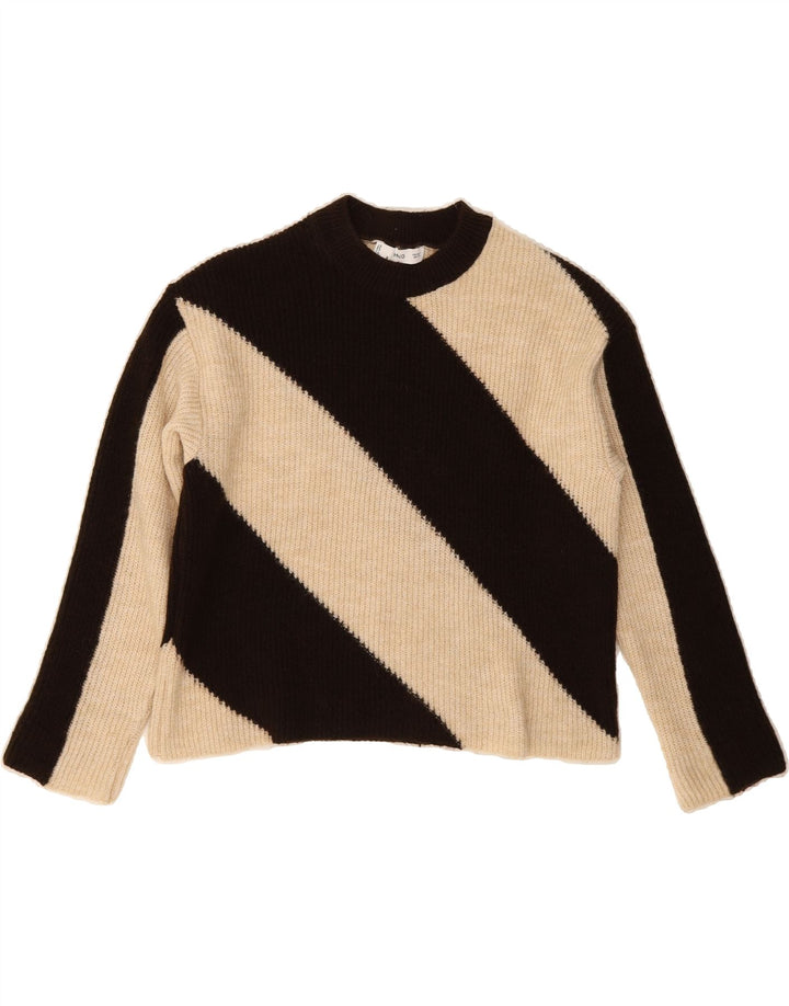 MANGO Womens Overshirt Crew Neck Jumper Sweater UK 10 Small Brown Striped Vintage Mango and Second-Hand Mango from Messina Hembry 