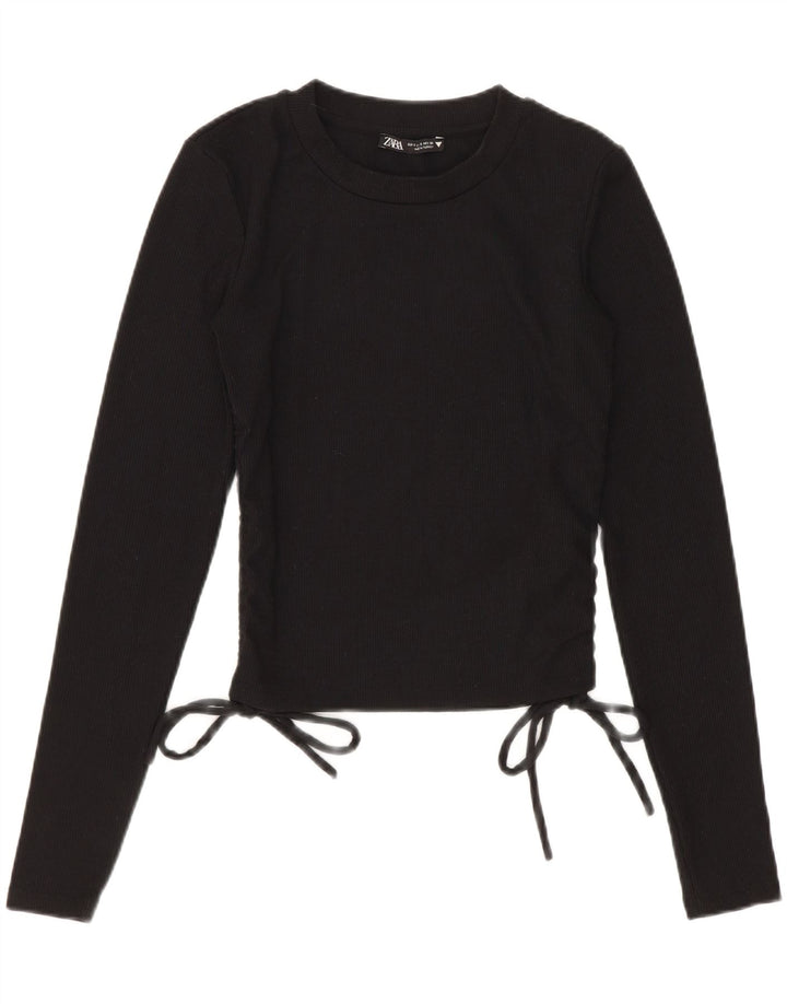 Zara Femmes Crop Top Manches Longues UK 8 Petit Noir Polyester