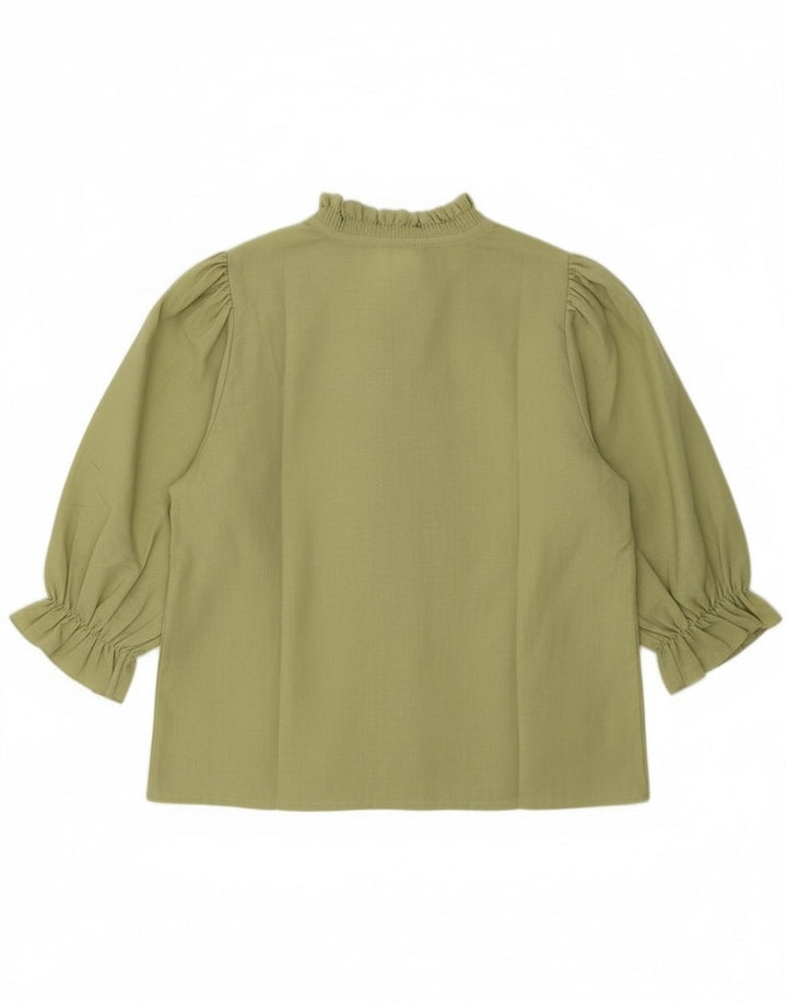vintage Femmes 3/4 Manches Ruffle Front Blouse Top EU 40 Medium Khaki Heart
