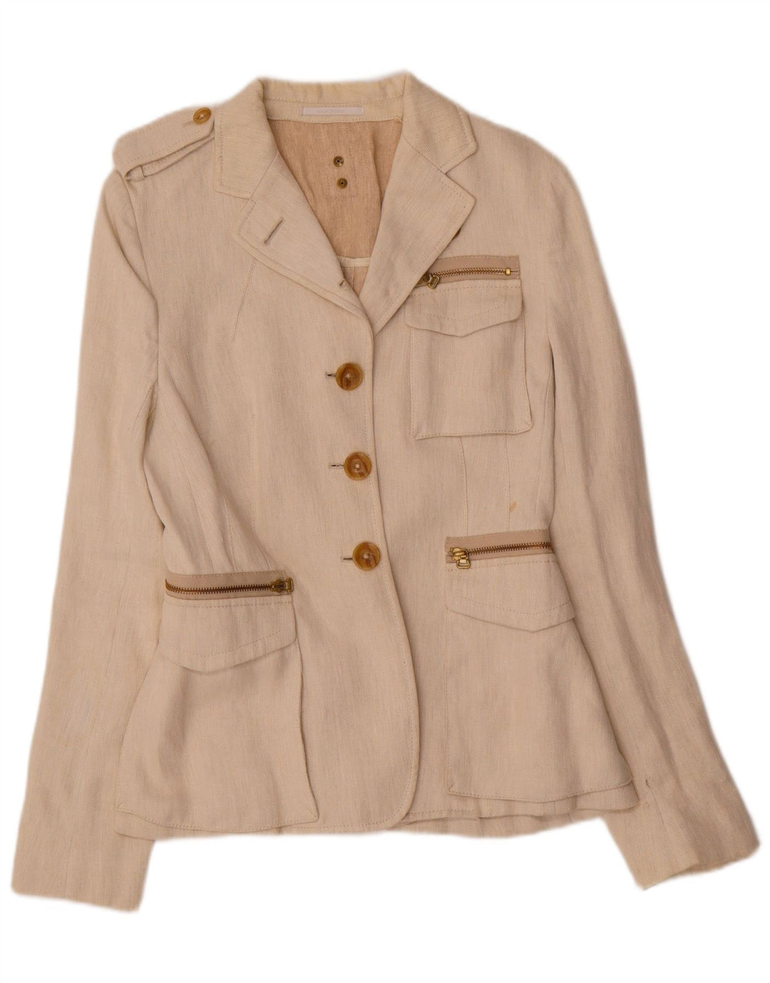 Calvaresi Veste blazer militaire à 3 boutons pour femme UK 12 Beige moyen