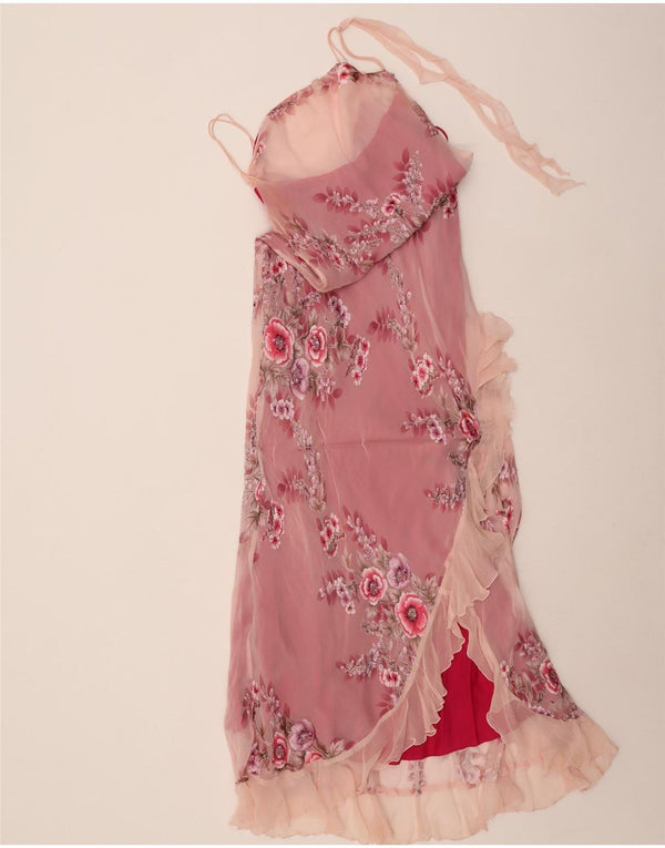 Monsoon Robe longue sans manches pour femme UK 44 Grande soie florale rose