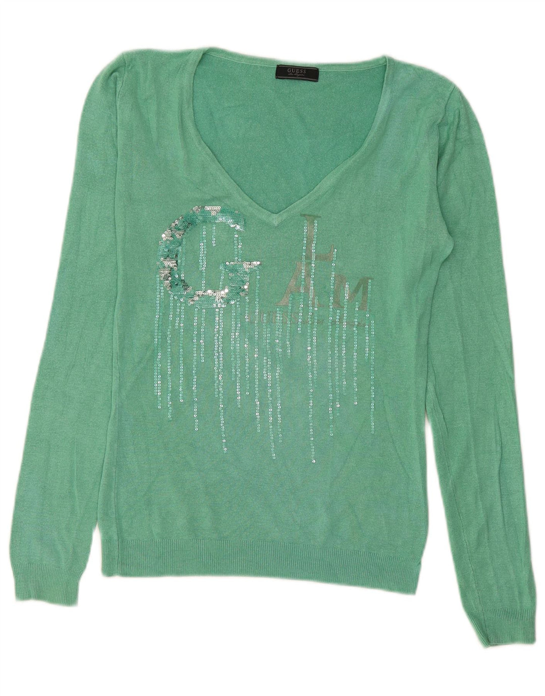 Guess Pull graphique à col en V pour femme UK 12 Vert moyen