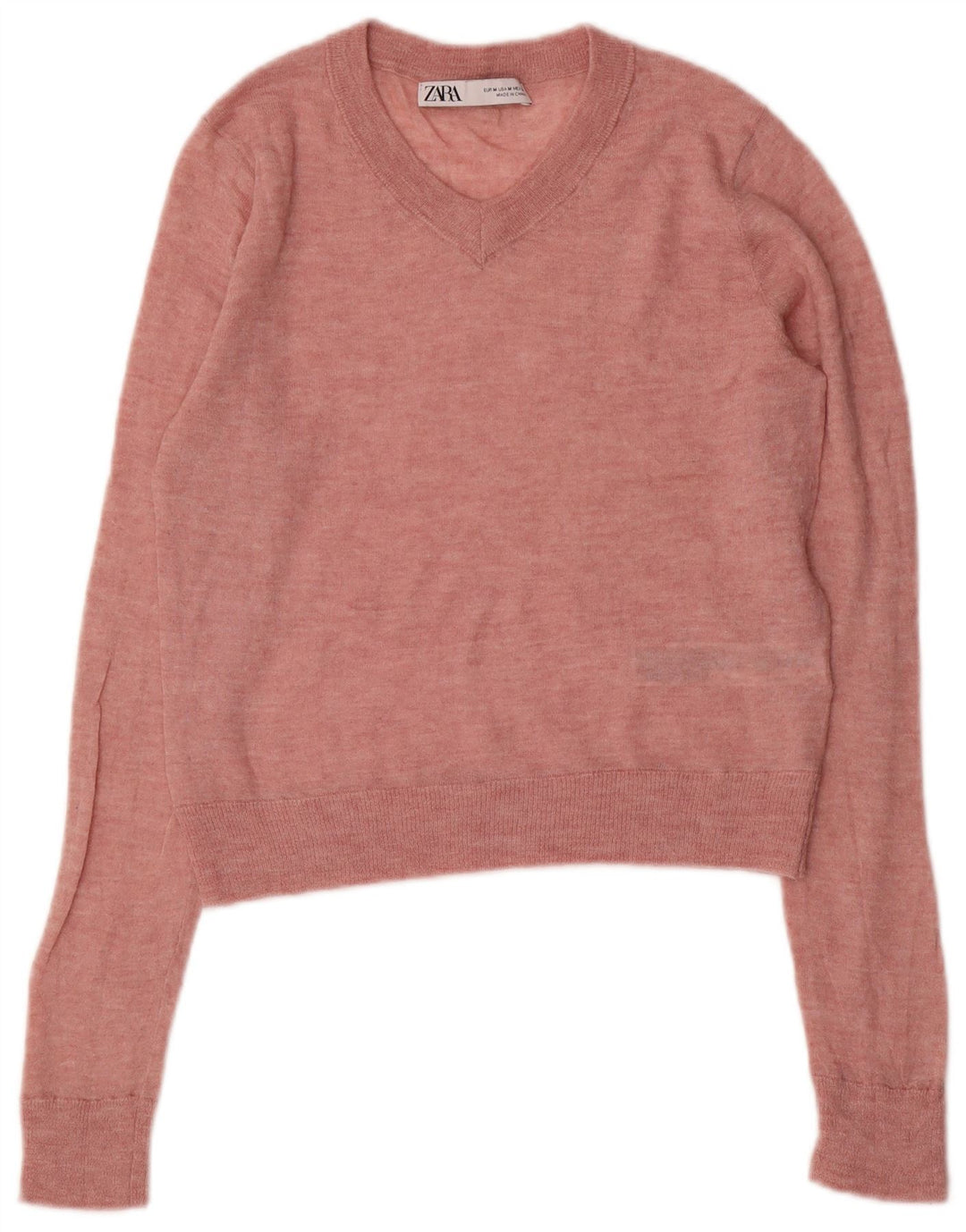 ZARA Pull court à col en V pour femme UK 12 Nylon rose moyen