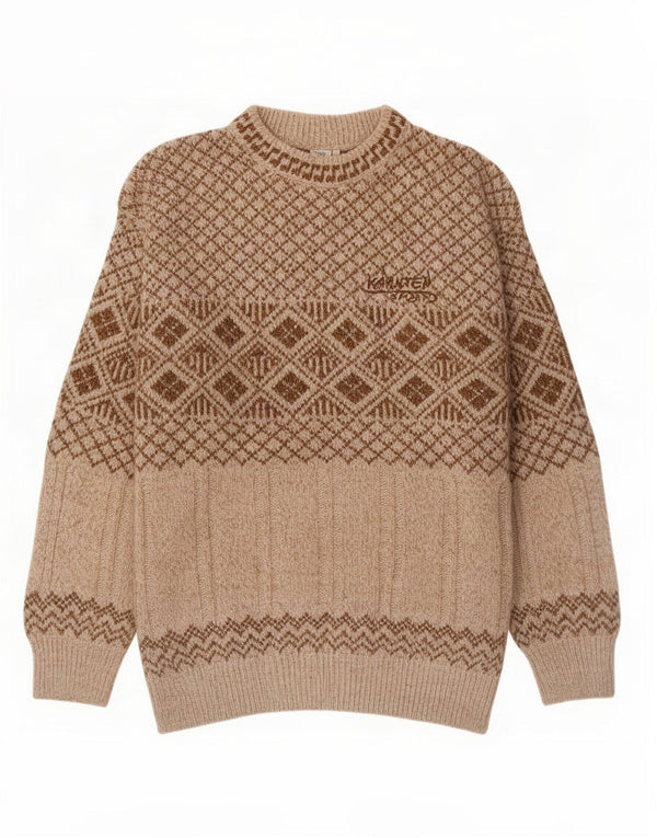 Vintage Mens Crew Neck Jumper Sweater Large Beige Fair Isle Acrylic