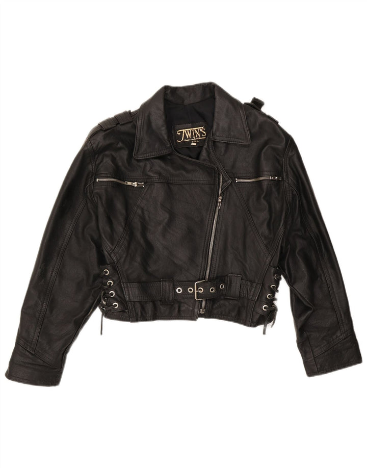 vintage Femme Veste Biker Surdimensionnée UK 10 Petit Cuir Noir