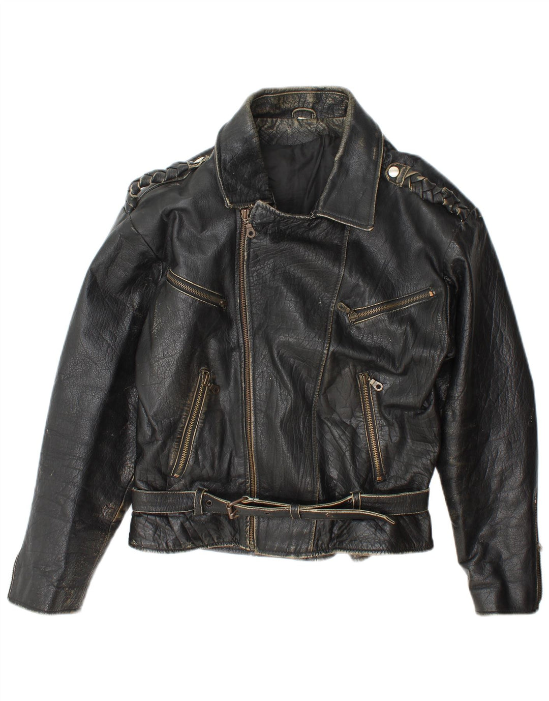 vintage Mens Leather Biker Jacket UK 36 Petit cuir noir