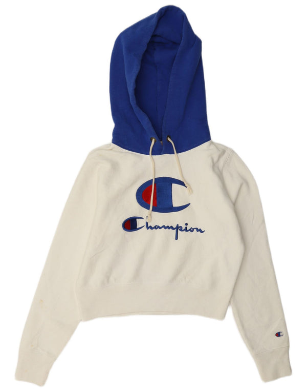 Champion Pull à capuche court graphique pour femme UK 14 Medium White Colourblock