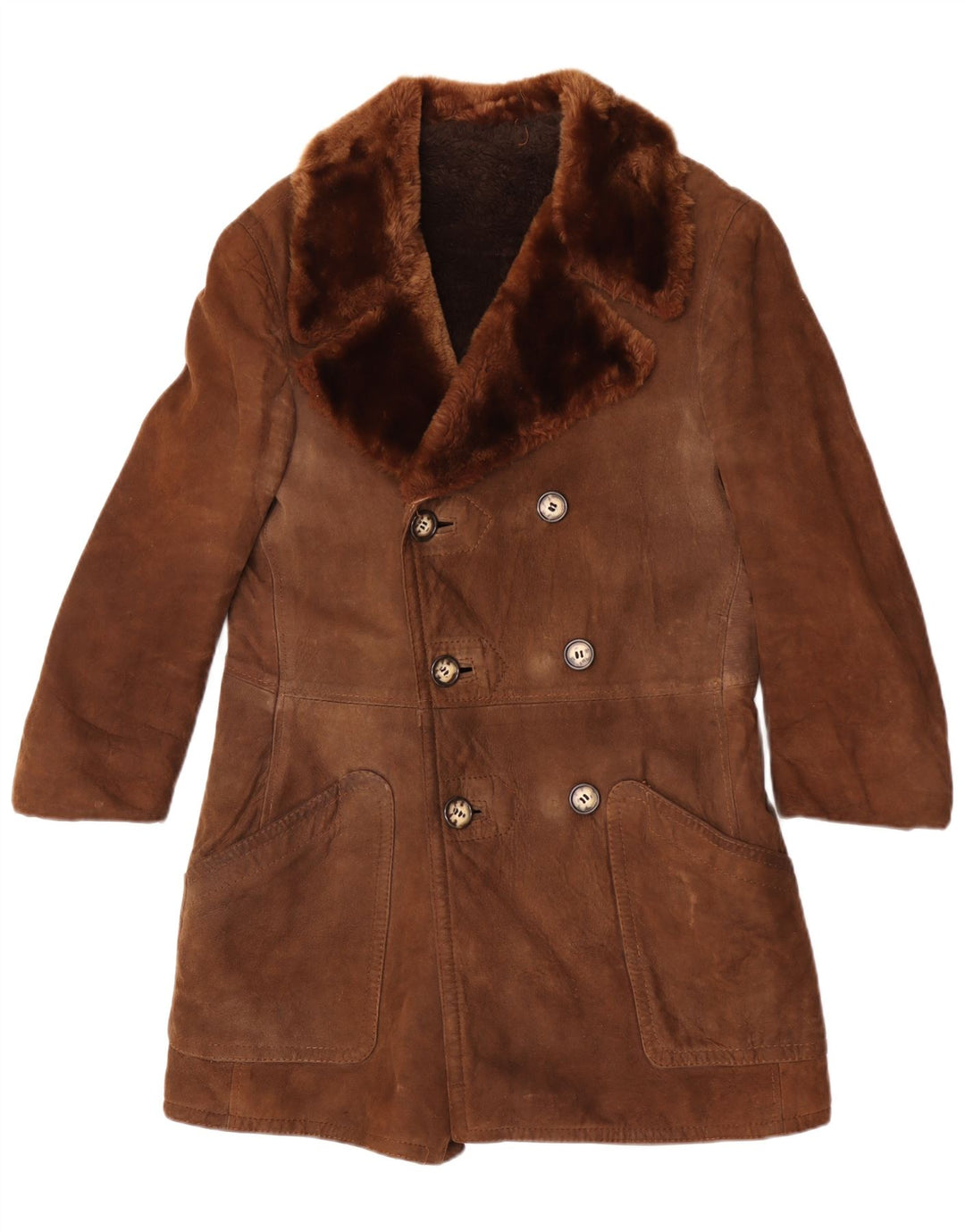 vintage Femmes Double Breasted Shearling Coat UK 12 Brun Moyen