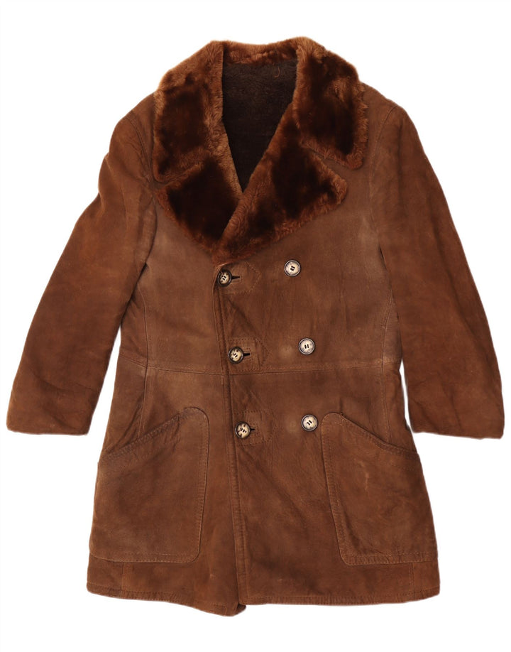 vintage Femmes Double Breasted Shearling Coat UK 12 Brun Moyen