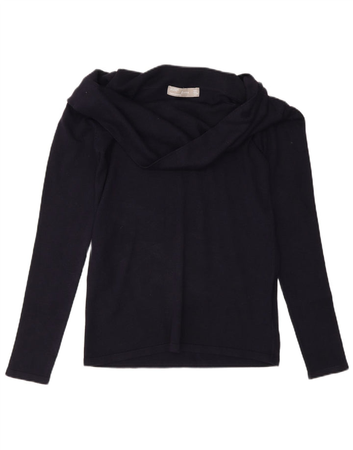 Zara Femme Top Manches Longues UK 14 Large Bleu Marine Viscose