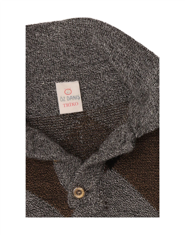 vintage Mens Polo Neck Jumper Pull Grand Gris Argyle/Diamant