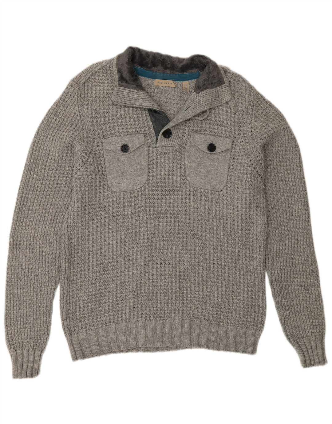 Ted Baker Pull à col boutonné pour homme Taille 4 Grand Coton Gris