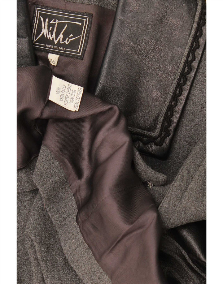vintage Femme 1 Bouton Blazer Veste IT 46 Grande Laine Géométrique Grise