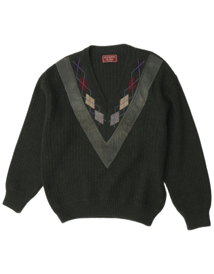 Malagrida Pull col V pour homme, grand, vert, argyle/diamant
