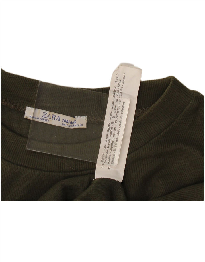 Zara Womens Crop Oversize Top Manches Longues UK 14 Moyen Kaki Coton