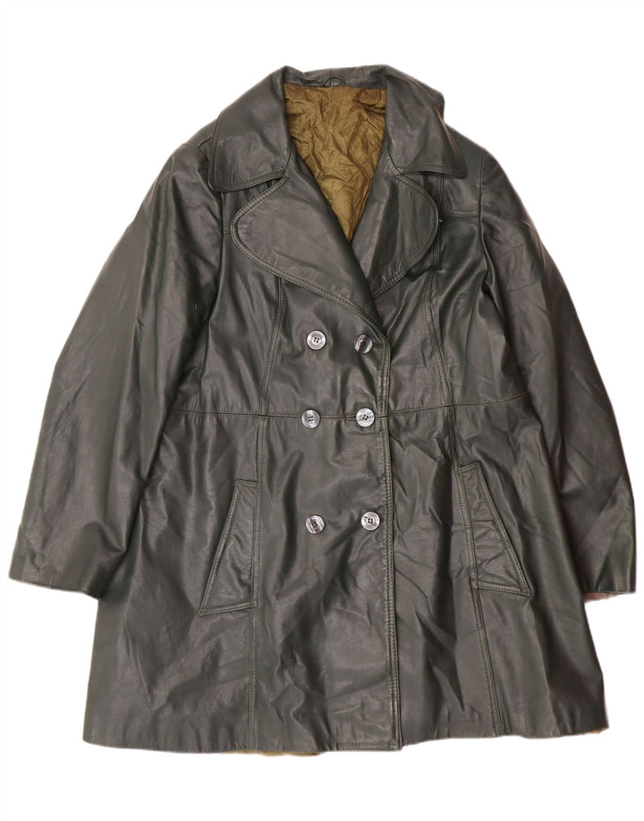 vintage Femmes Double Breasted Manteau en cuir UK 18 XL Vert