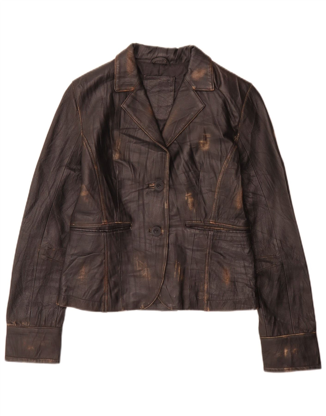 vintage Femmes 2 Bouton Blazer En Cuir Veste UK 8 Petit Noir