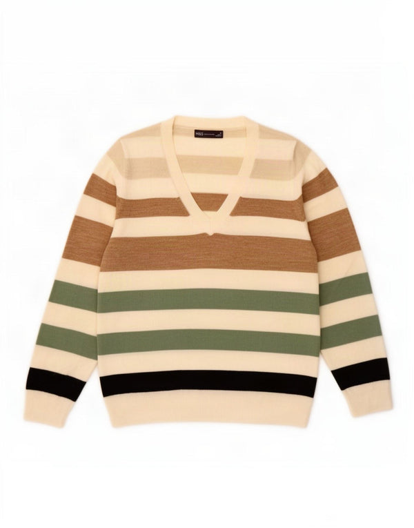 Marks & Spencer Pull col en V pour femme UK 14 Beige moyen rayé