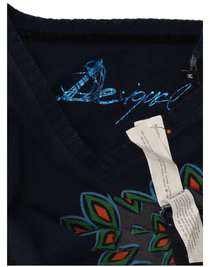 Desigual Femme Graphic Top Manches Longues UK 12 Bleu Marine Moyen Coton