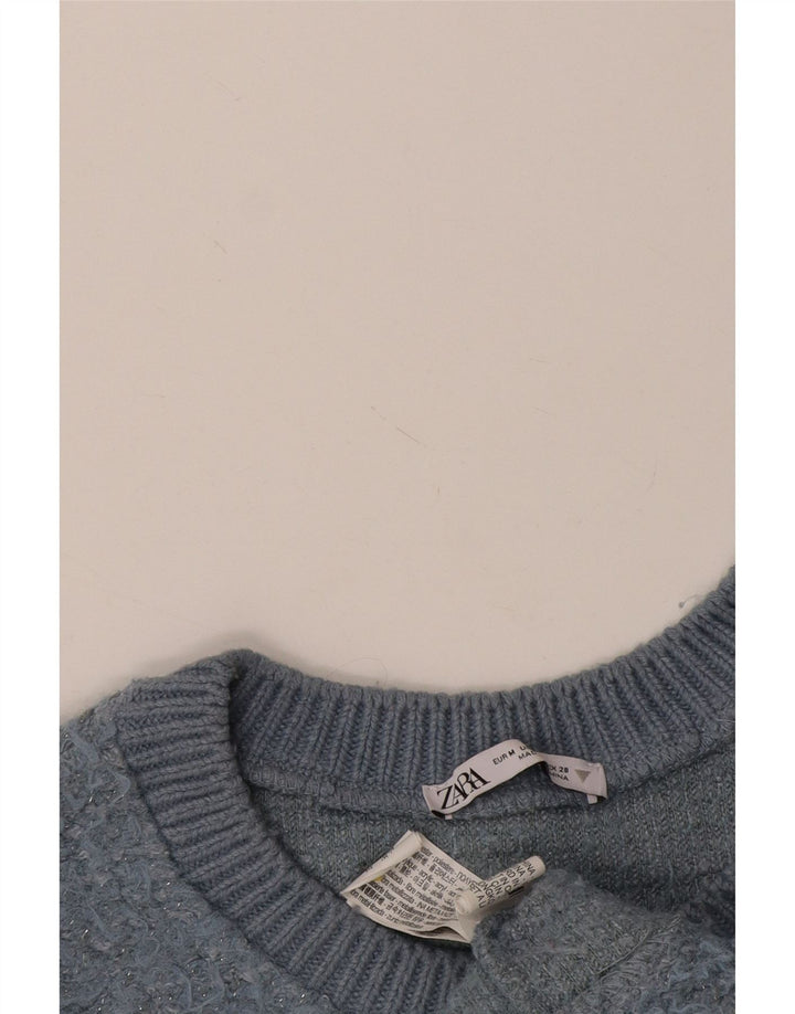 Zara Pull court à col rond pour femme UK 14 Bleu moyen Polyester