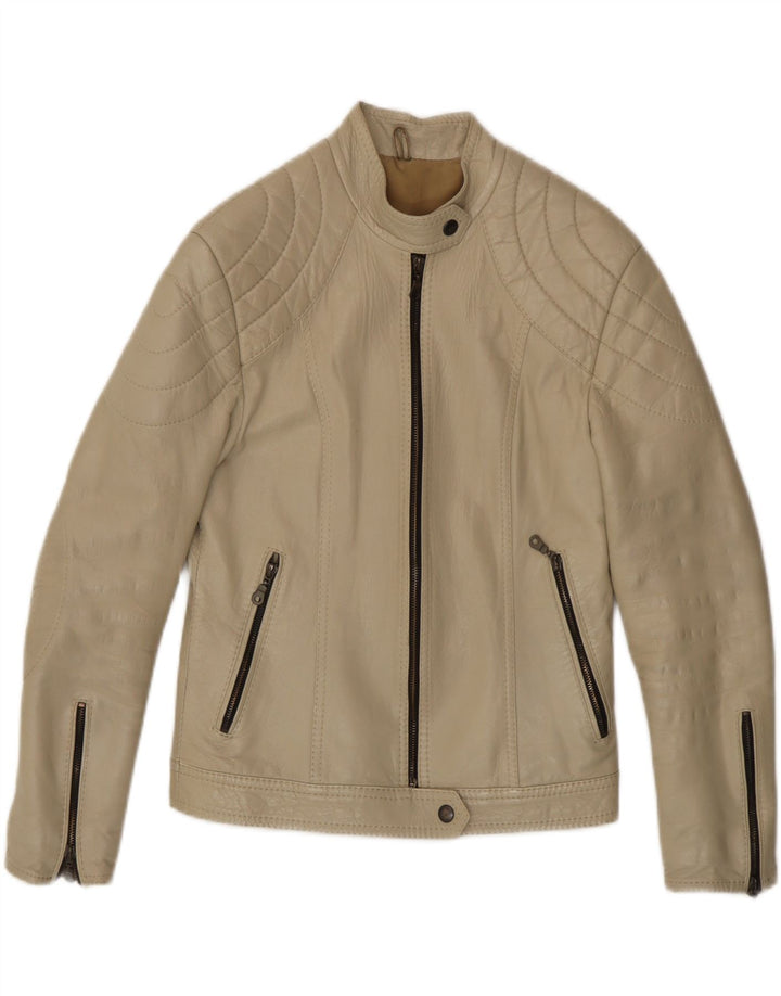 veste de motard en cuir femme vintage UK 8 Petit Beige