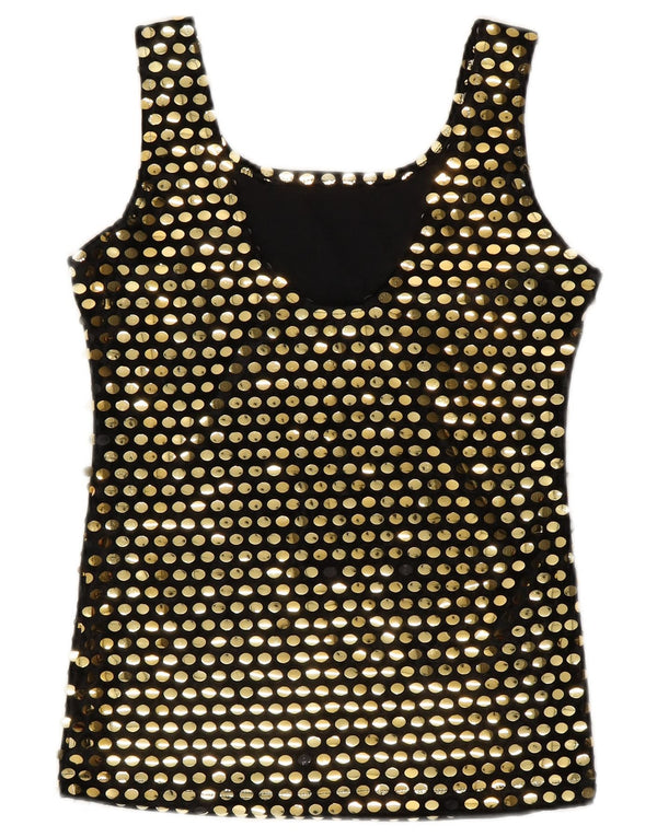 vintage Femmes Blouse Sans Manches Top UK 10 Petit Polyester Noir