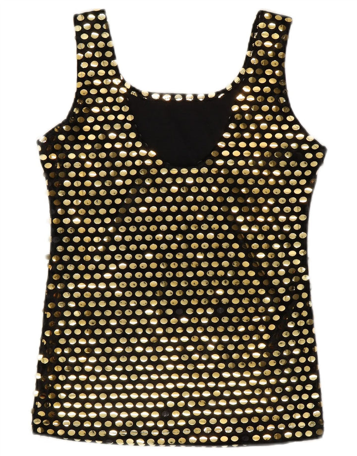 vintage Femmes Blouse Sans Manches Top UK 10 Petit Polyester Noir