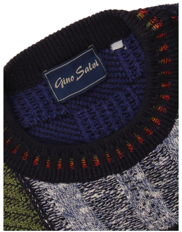 vintage Mens Crew Neck Jumper Pull XL Multicolore Patchwork