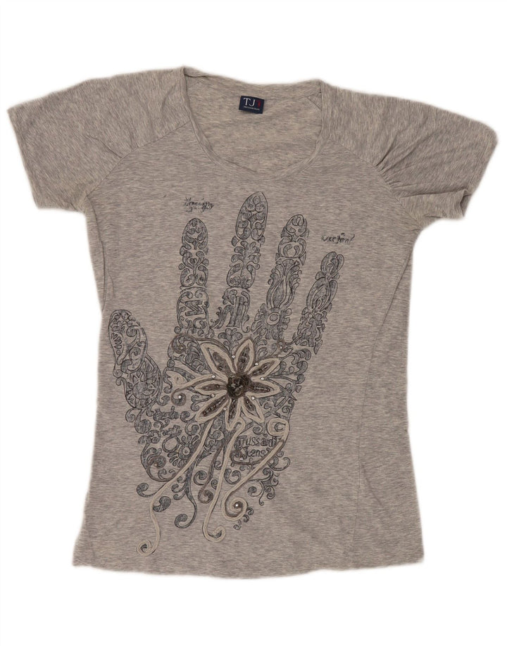 Trussardi Jeans T-Shirt Graphique Femme UK 12 Gris Moyen