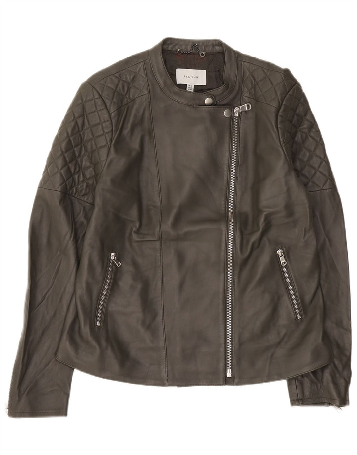 Jigsaw Veste de motard en cuir pour femme UK 16 Grand cuir gris