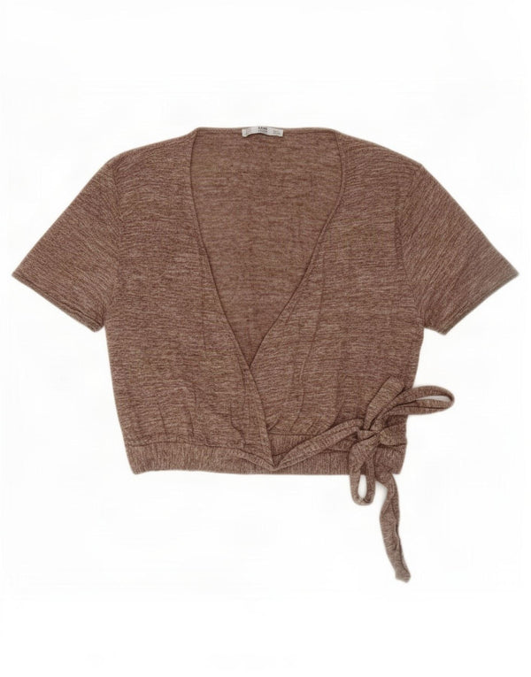 Zara Womens Wrap Short Sleeve Cardigan Top UK 14 Large Beige Moucheté