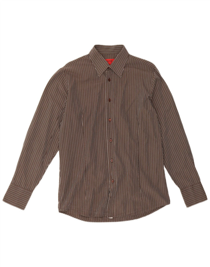 Hugo Boss Chemise en coton à fines rayures marron moyen