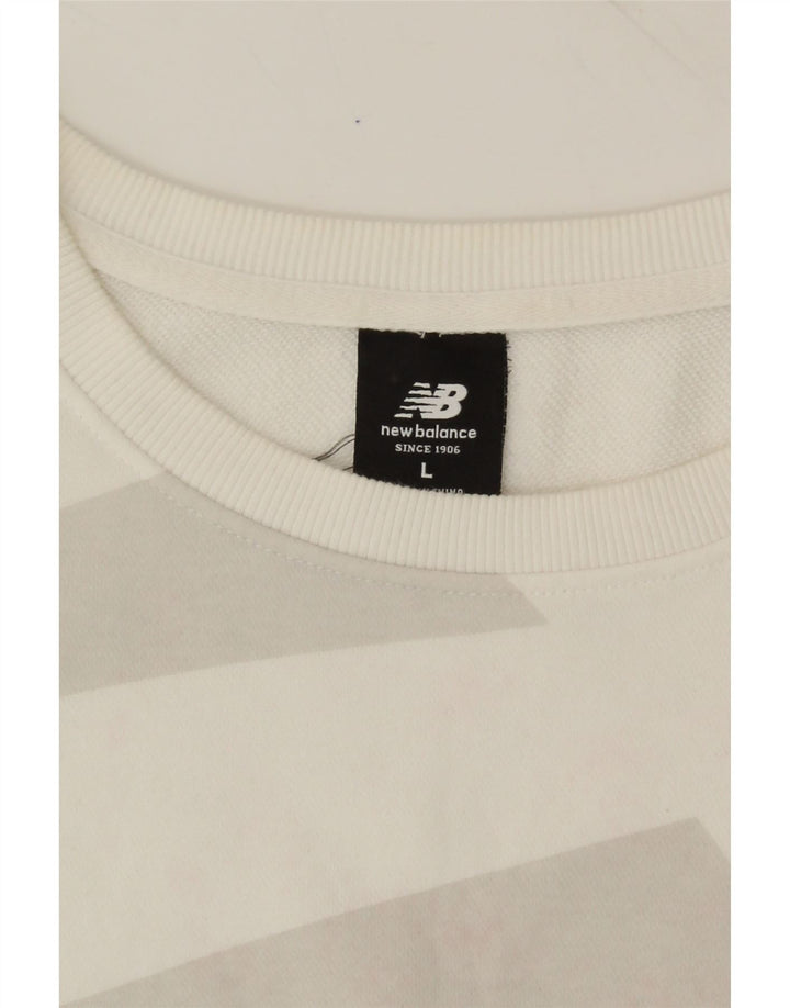 NEW BALANCE Mens Sweatshirt Jumper Large White Geometric Cotton Vintage New Balance and Second-Hand New Balance from Messina Hembry 