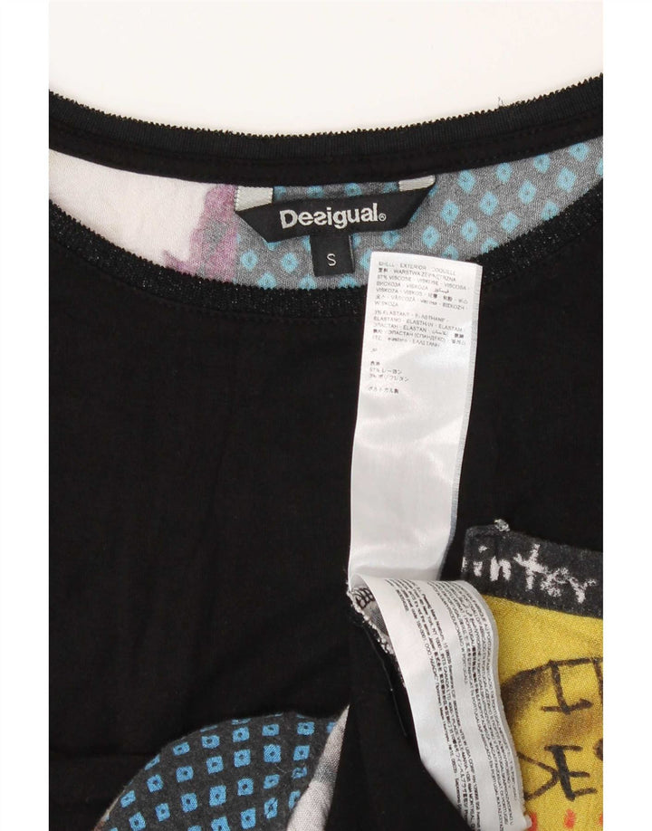 Desigual Femme Haut à Motif Abstrait Manches 3/4 UK 10 Petit Viscose Noir