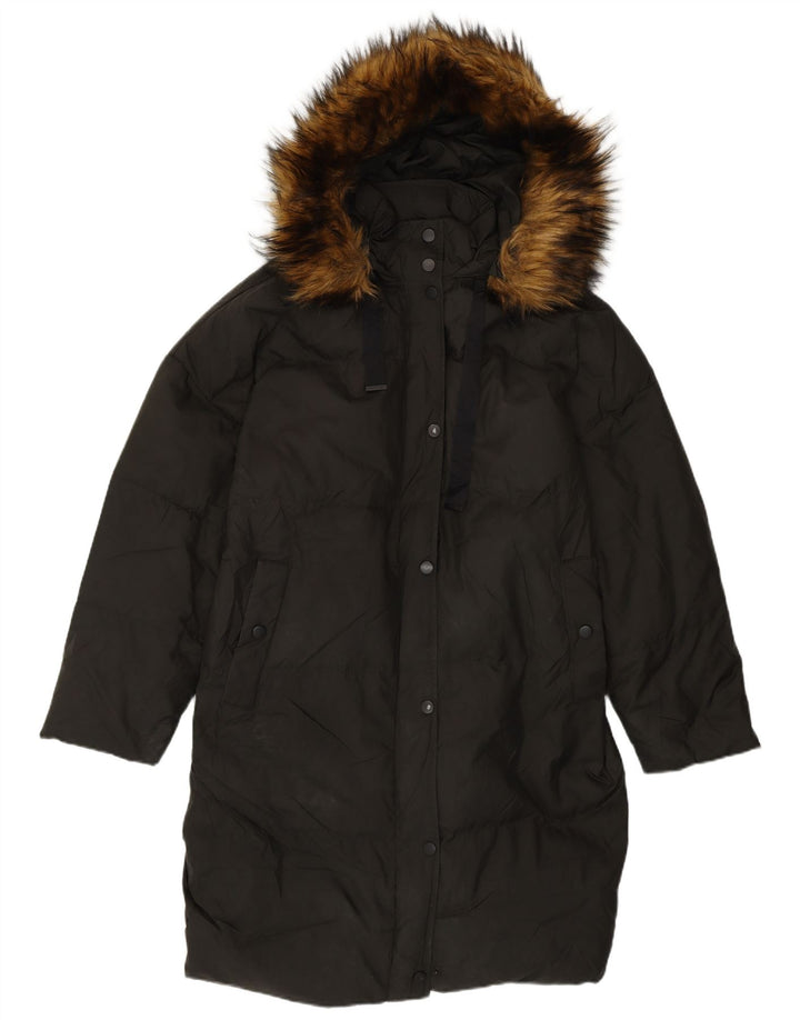 Zara Manteau matelassé à capuche surdimensionné pour femme UK 10 Petit nylon noir