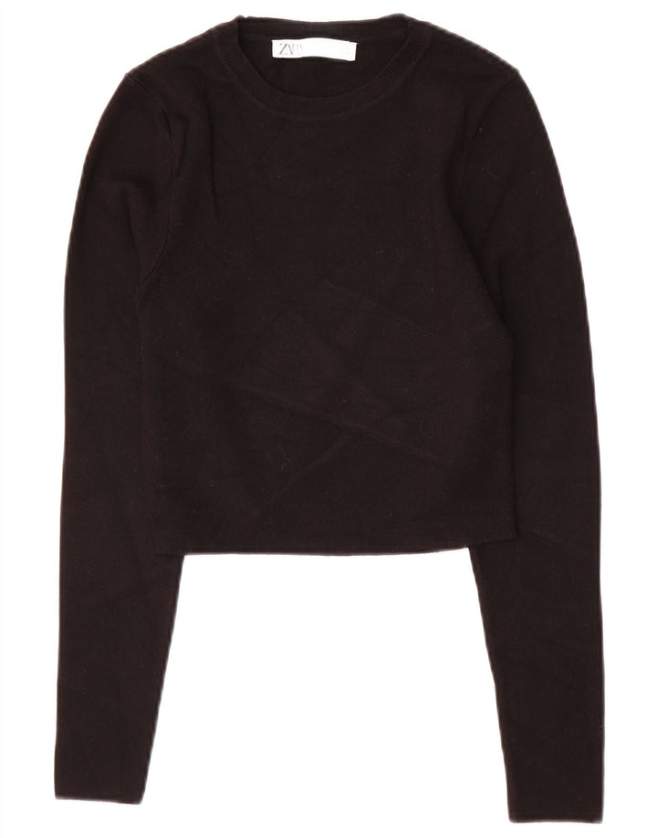 Zara Womens Crop Top Manches Longues UK 14 Large Noir